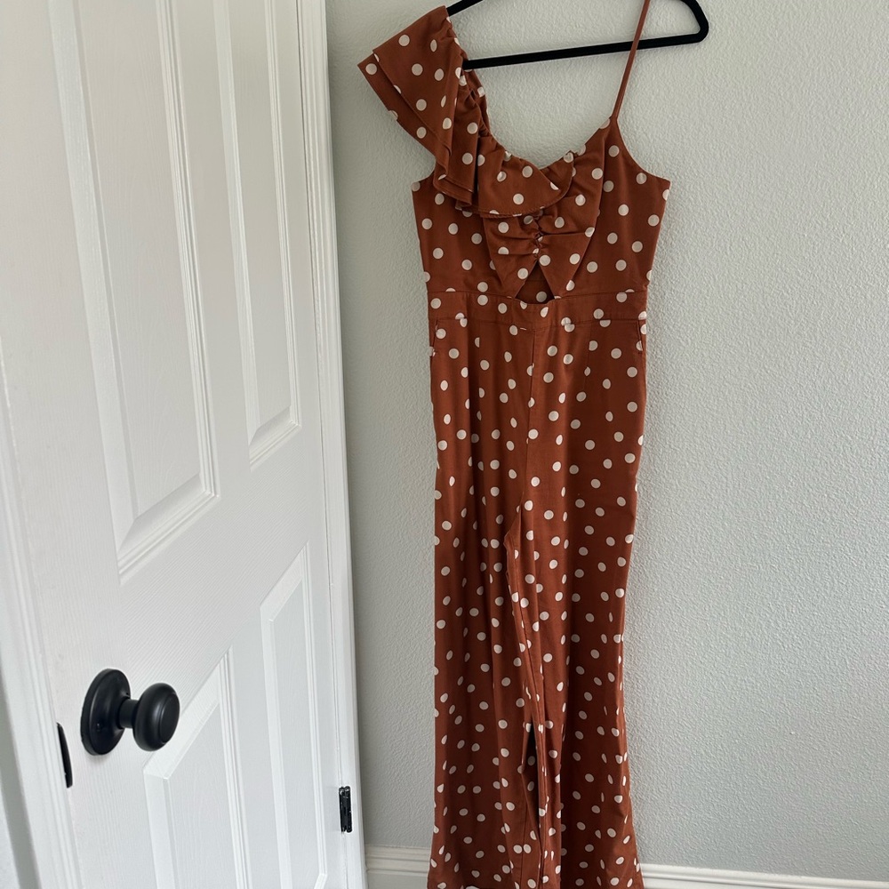 Maeve Brown Polka Dot One-Shoulder Jumpsuit